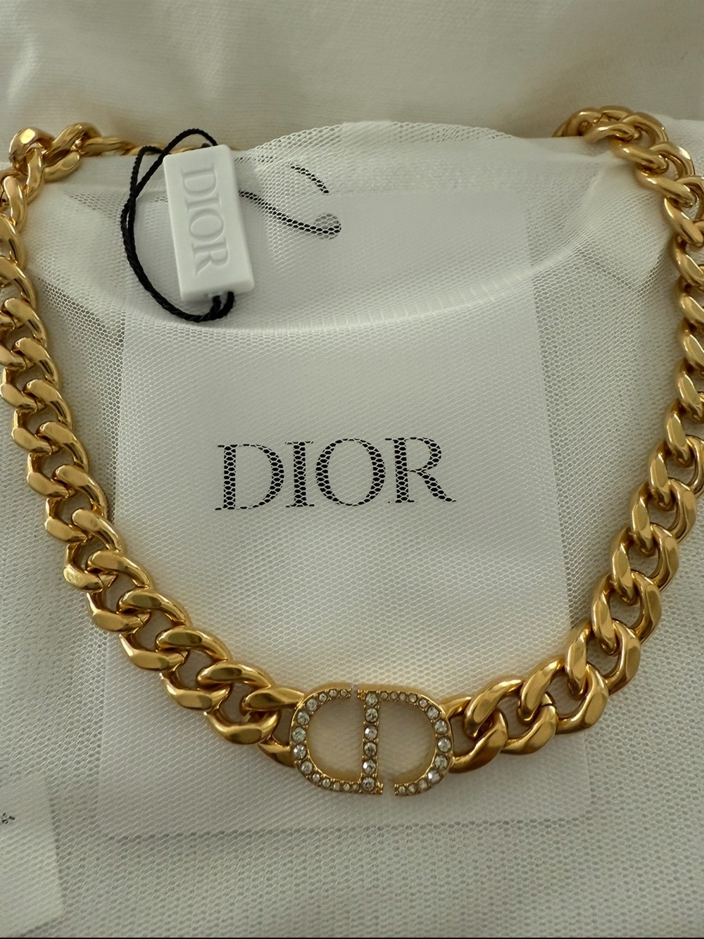 Dior Gold Crystal CD 30 Montaigne Link Chain Necklace